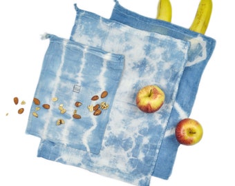 Tie-dye Indigo Reusable Cotton Muslin Produce Bags, SET OF 3 Zero-Waste Drawstring Bags