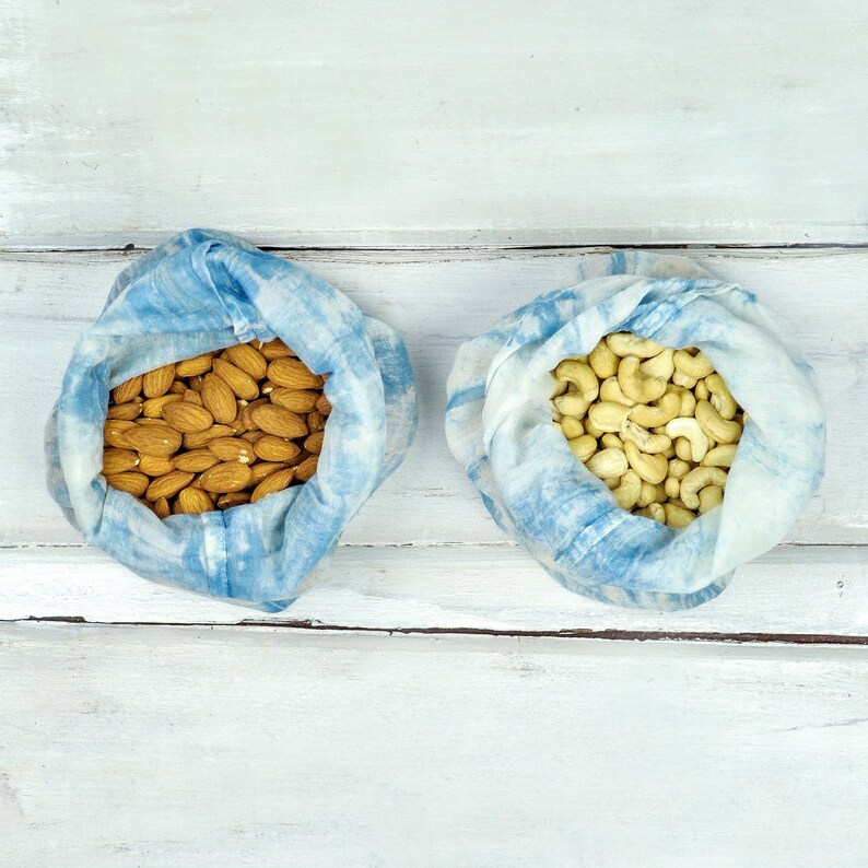 Tie-dye Indigo Reusable Cotton Muslin Produce Bags, SET OF 3 Zero-Waste Drawstring Bags image 4