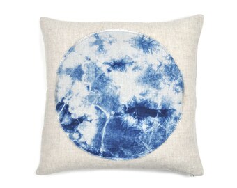 Shibori Indigo Cloud Circle Pillow — 20x20 Hand Dyed, Appliqued Linen Cushion Cover