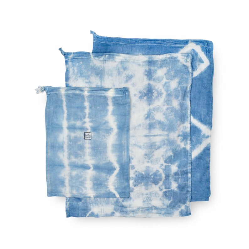 Tie-dye Indigo Reusable Cotton Muslin Produce Bags, SET OF 3 Zero-Waste Drawstring Bags image 3