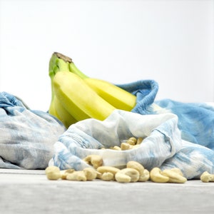 Tie-dye Indigo Reusable Cotton Muslin Produce Bags, SET OF 3 Zero-Waste Drawstring Bags image 6