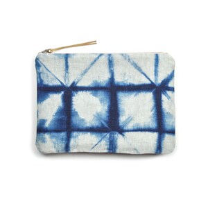 Indigo Clutch in Shibori Diamond Pattern with Metal Zipper and Gold-flecked Pull image 1