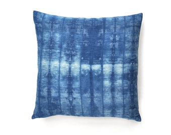 Shibori Indigo Stripe Pillow — 20x20 Hand Dyed Linen Cushion Cover