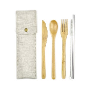 Zero Waste Kit, NATURAL Linen Reusable Pouch with Bamboo Utensils and Metal Straw, for School, Work and Travel image 1