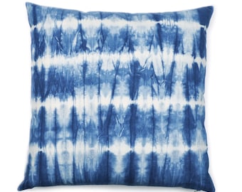 Indigo Shibori floor pillow, Stripe Pattern, 26x26 Hand Dyed Cotton Cushion Cover