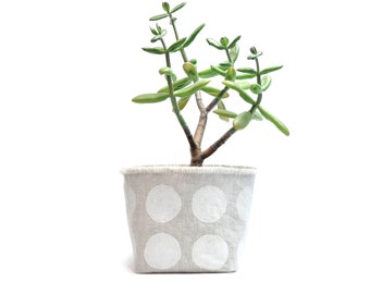 White Multi Dot Linen Planter, 4" Size, Blockprint Linen Bucket