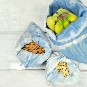 Tie-dye Indigo Reusable Cotton Muslin Produce Bags, SET OF 3 Zero-Waste Drawstring Bags image 7