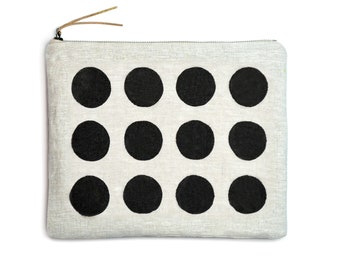 Big Linen Zipper Pouch Blockprinted in Multi Dot Pattern with Metal Zipper and Gold-flecked Pull, for Books, Magazines and iPads, Vegan Bag