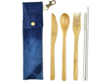 Utensil Kit, Indigo OVERDYE Reusable Linen Pouch with Bamboo Utensils and Metal Straw, for School, Work and Travel