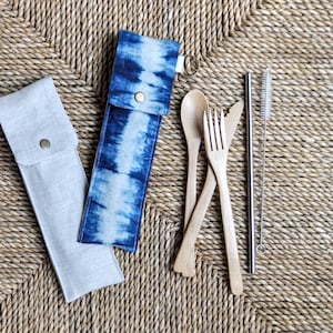Zero Waste Kit, NATURAL Linen Reusable Pouch with Bamboo Utensils and Metal Straw, for School, Work and Travel image 5