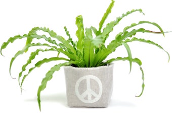 Peace Sign Planter, 4", Blockprint on Linen Bucket