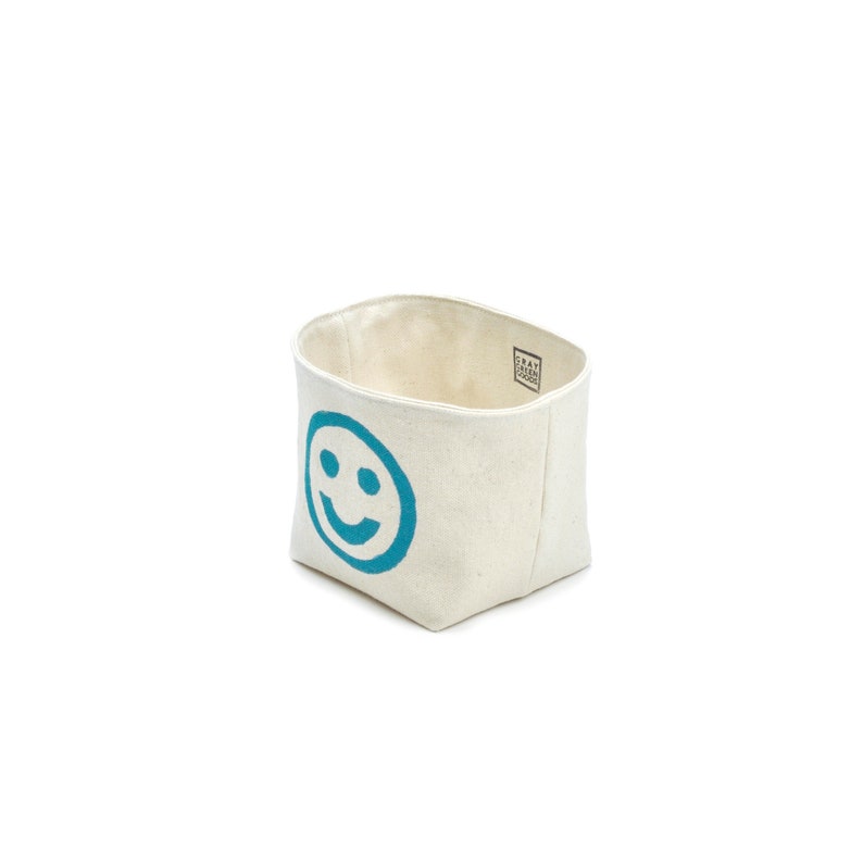 Smiley Face Blockprint Canvas Planter, 4 Size, Blockprint Canvas Bucket turquoise