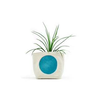 May include: A white canvas planter with a blue circle design, featuring a green plant inside.
