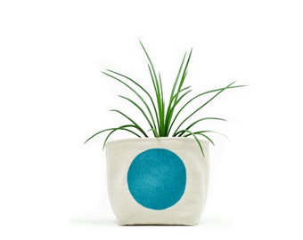 Fabric Planter, Turquoise Dot, Medium 4" Size, Blockprint Canvas Bucket