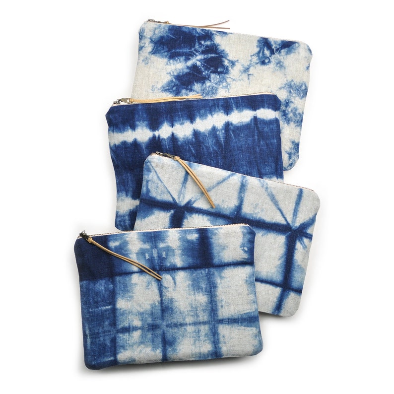 Indigo Clutch in Shibori Diamond Pattern with Metal Zipper and Gold-flecked Pull image 4