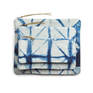 Indigo Clutch in Shibori Diamond Pattern with Metal Zipper and Gold-flecked Pull image 3