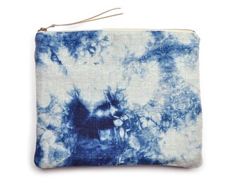 Large Shibori Bag in Indigo Cloud Pattern with Metal Zipper and Gold-flecked Pull