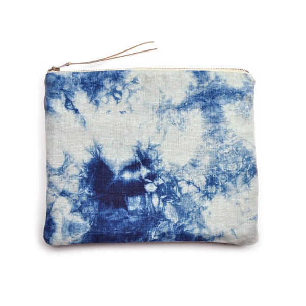 Large Shibori Bag in Indigo Cloud Pattern with Metal Zipper and Gold-flecked Pull