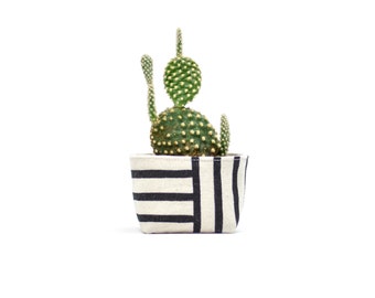 Canvas Planter, Two Way Black Stripe for Succulents and Cacti, Mini Black and White Blockprint on Canvas Bucket