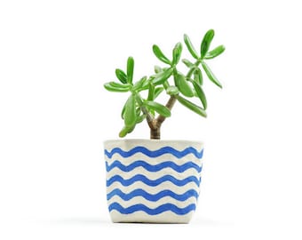 Blue Wavy Line Bucket, Blockprint on Canvas—Basket for Indoor Plants, and for Home Organization