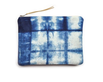 Shibori Clutch in Grid Pattern with Metal Zipper and Gold-flecked Pull