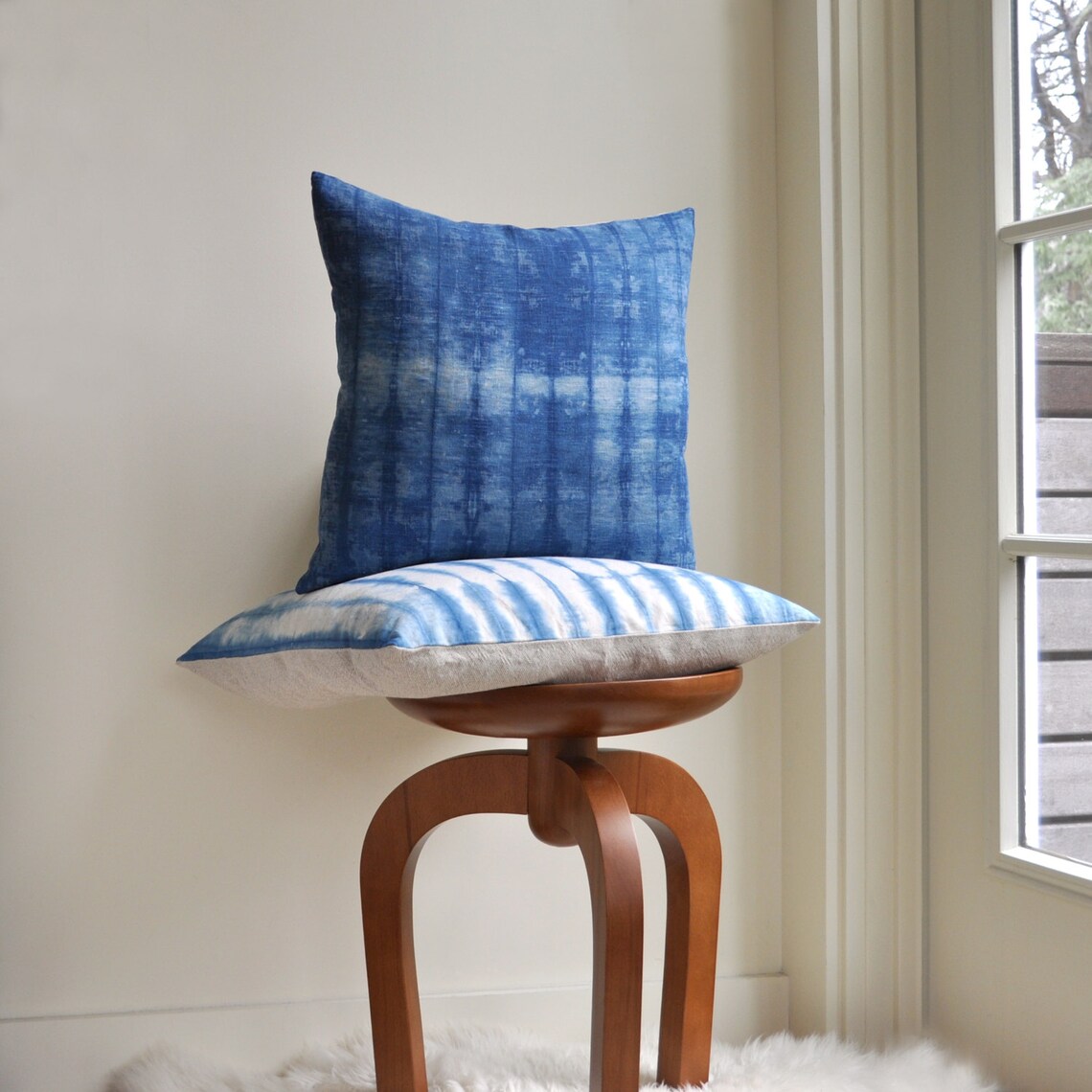Shibori Indigo Stripe Pillow 20x20 Hand Dyed Linen Cushion Etsy
