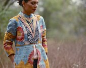Small Size, Belle, Kantha Long Accent Jacket, Brass Buttons kincheJackets