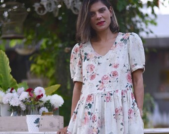 Akhnoor, Hand Made Organic Dress in Vintage Floral Print