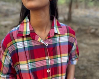Mach, Madras check Cotton Poplin Flared Dress with Embroidery
