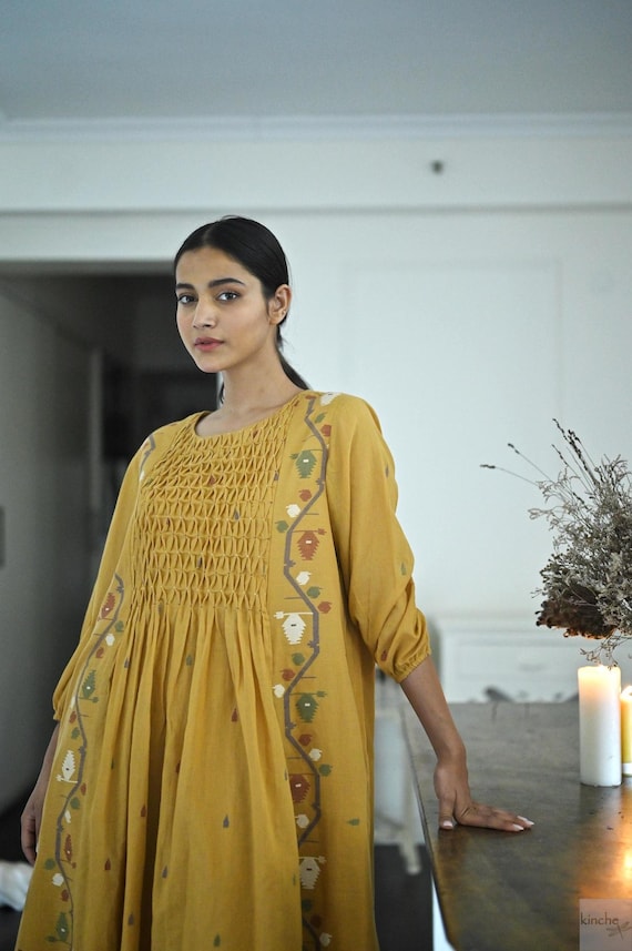 cotton jamdani dress Meet Kaaya, a white and blue patchwork cotton Jamdani dress, perfect for a  breezy look these summer days. . . . [Jamdani, new collection, handwoven,  made in bengal, dresses]