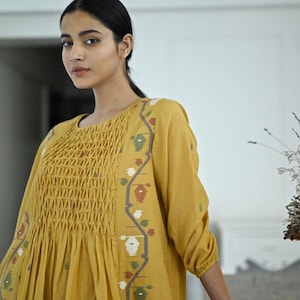 White short yoke smocked jamdani dress main image 1