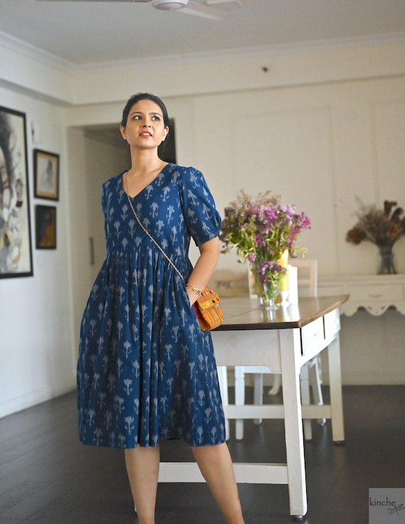 Helna, Ikat Indigo drop waist Knee length Dress Helna, Ikat Indigo drop waist Knee length Dress