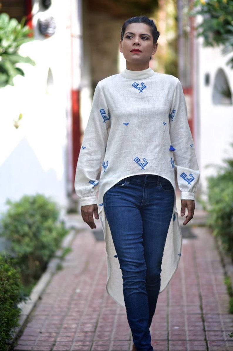 Small Mecca Pure Organic kalacotton high low blouse with hand Embroidery