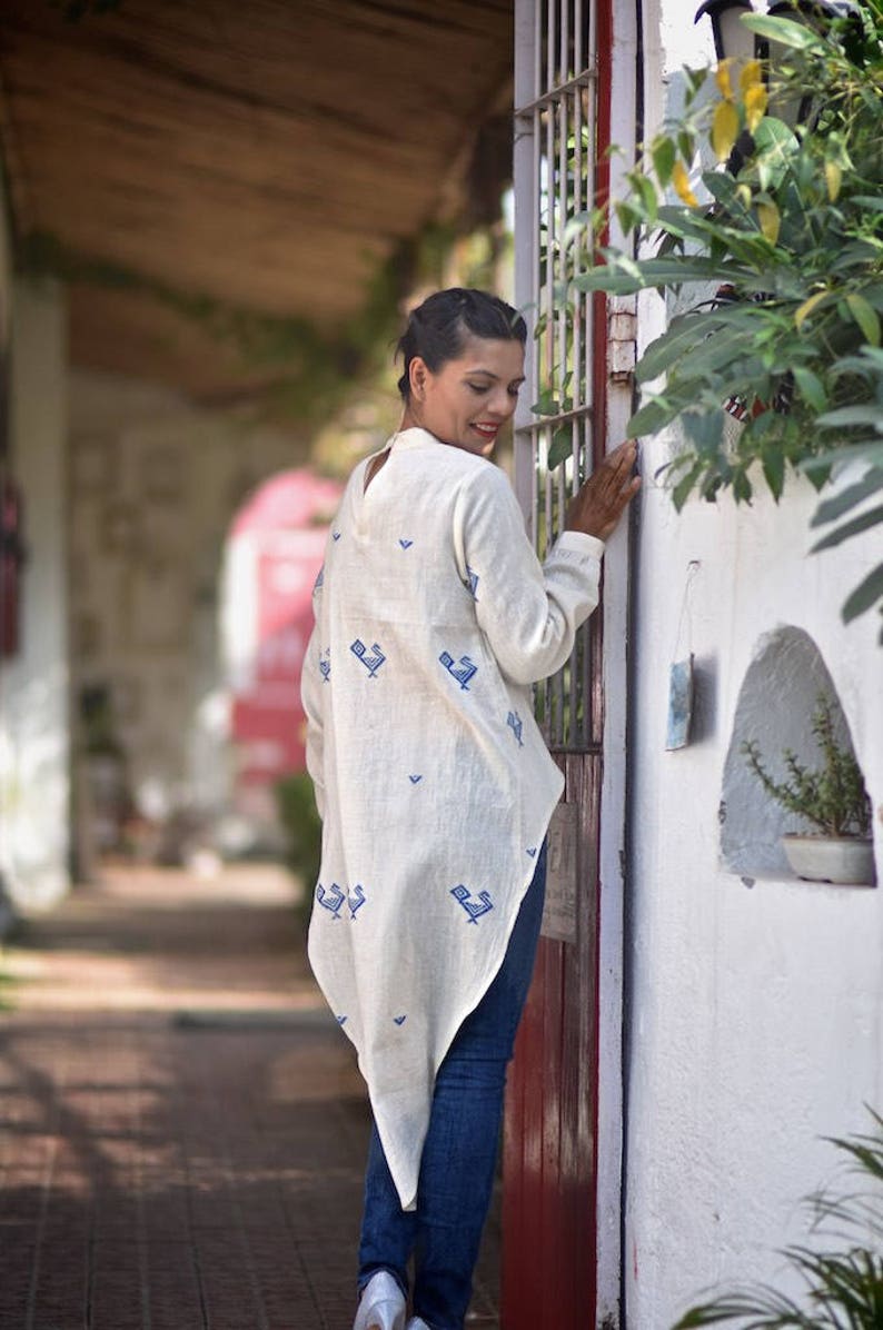 Small Mecca Pure Organic kalacotton high low blouse with hand Embroidery