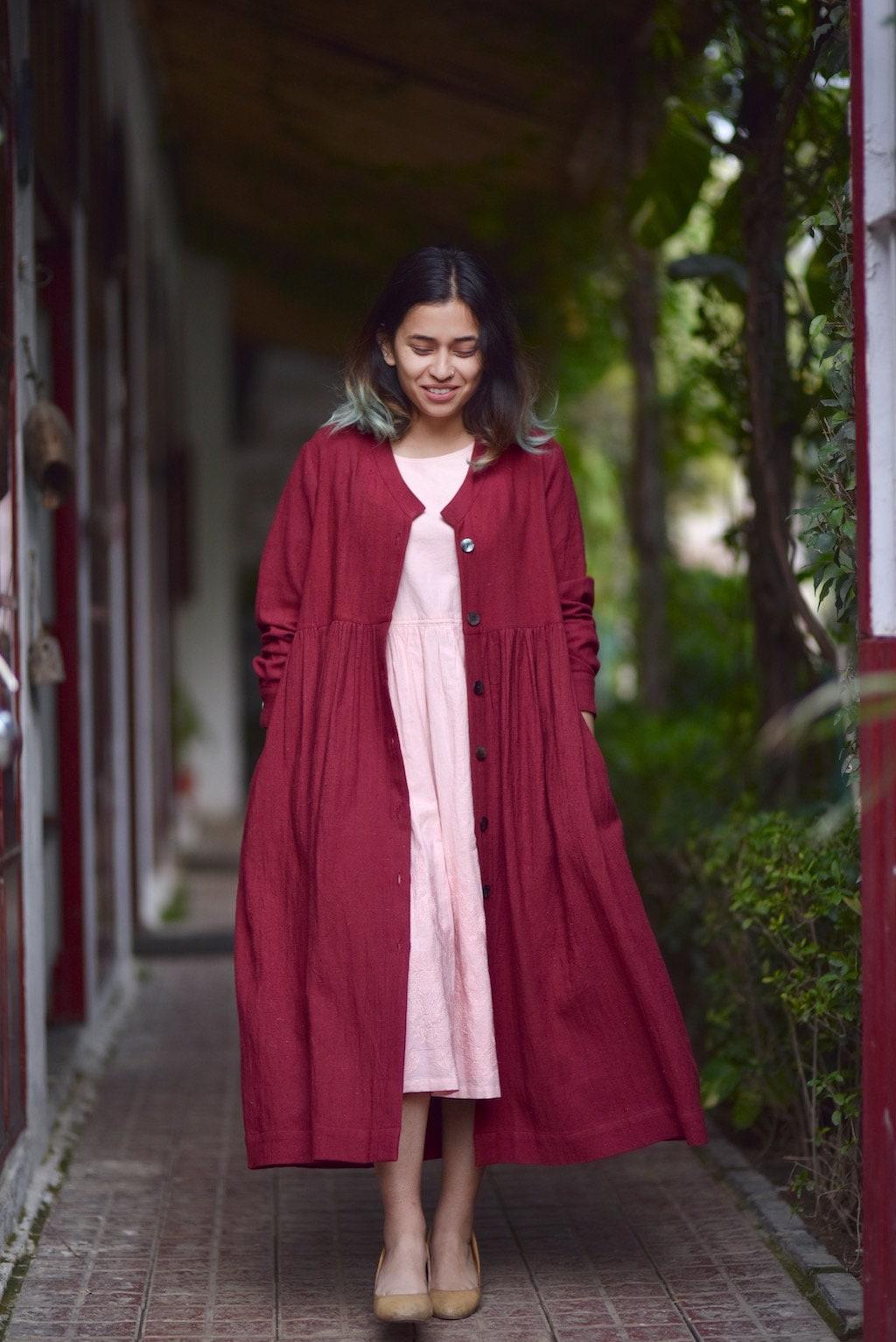 Maraba organic Cotton Long Jacket in Deep Red with Light Pink Etsy
