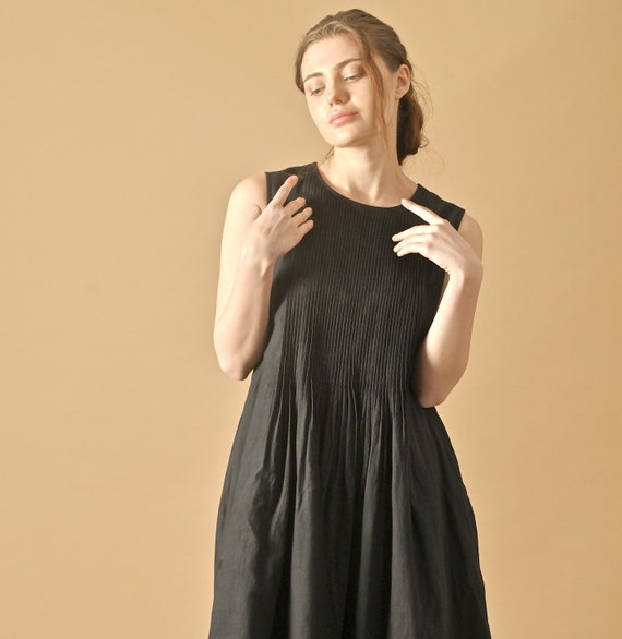 khadi formal dresses Corum, Pure Handloom Cotton Dress in Black, Pintuck Pleats at Front button up