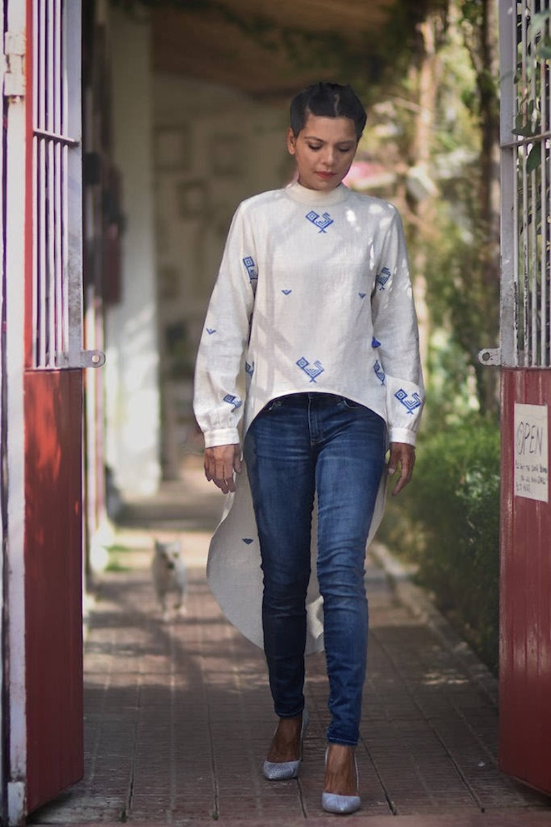 Small Mecca Pure Organic kalacotton high low blouse with hand Embroidery