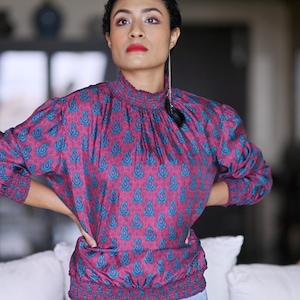 Periwinkle, Silk Blouson Style Top with Smocking and Cotton Lining