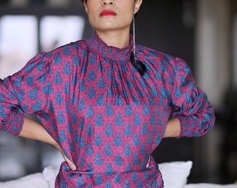Periwinkle, Silk Blouson Style Top with Smocking and Cotton Lining