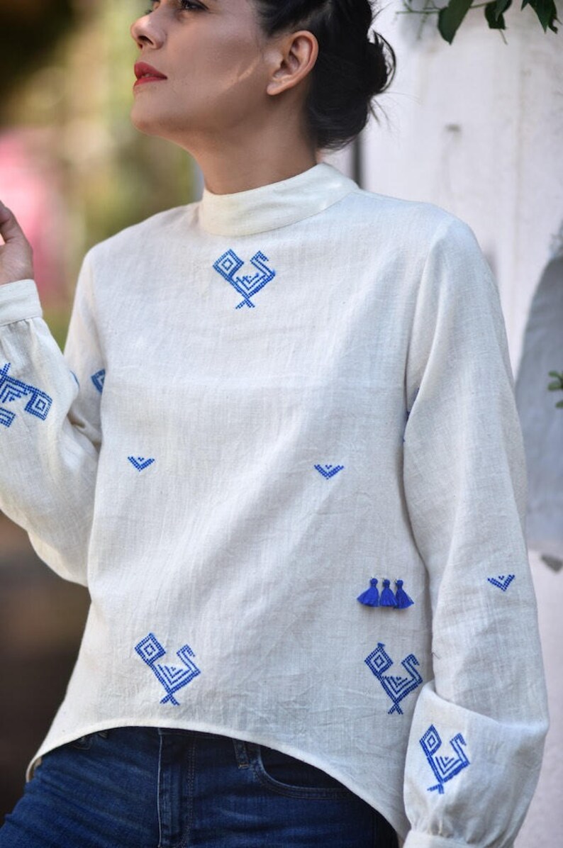 Small Mecca Pure Organic kalacotton high low blouse with hand Embroidery