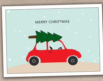 Printable or Printed Holiday Card // Little Red Car Non-Photo // 5x7 Flat Holiday Card