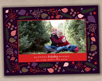 Printable or Printed Holiday Card // Purple Winter Holiday Photo Card // 5x7 Flat Holiday Card