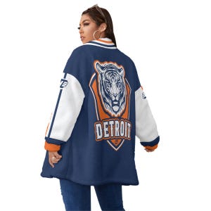 D313 Detroit Tigers-inspirerad, heltäckande tryck, unisex Borg-fleecejacka med ståkrage och dragkedja