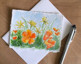 Wild flowers in the field is a hand-painted watercolor card approx. 4.5"x6". Makes a great frameable art gift that you can mail!