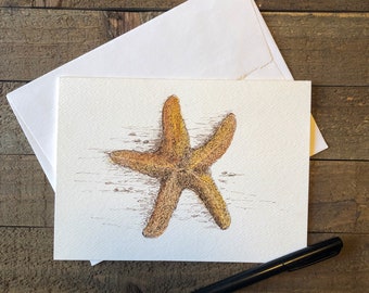 A happy sea star fish, hand-painted 5x7 folded note card in pen and watercolor