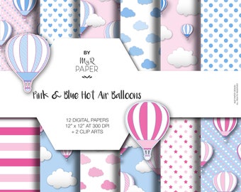 2 Clipart + Hot Air Balloons Digital Paper: "Pink & Blue" for scrapbooking, invite, card – perfect for vintage project and baby shower