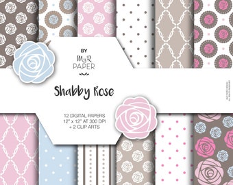 Shabby Chic Digital Paper + 2 Clipart: "SHABBY ROSES" in beige, brown, soft pink, pink and white, perfect for wedding, invite, card
