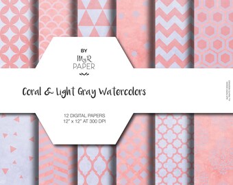 Watercolor Digital Paper: "Coral & Light Gray Watercolors" for scrapbooking, invite, card - damask, triangles, dots, chevron, hexagons