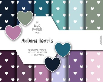 4 ClipArt + Heart Digital Paper: "Autumn Hearts" Printable Background - loveheart, white hearts, invite, card - 12x12 - Digital Scrapbooking