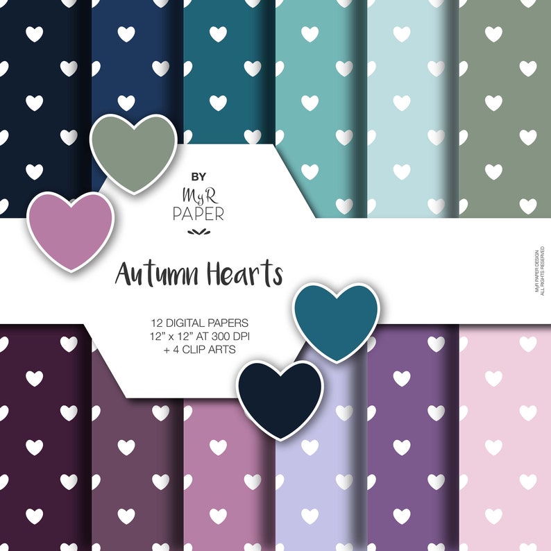 4 ClipArt Heart Digital Paper: Autumn Hearts Fond imprimable cœur damour, cœurs blancs, inviter, carte 12x12 Scrapbooking numérique image 1